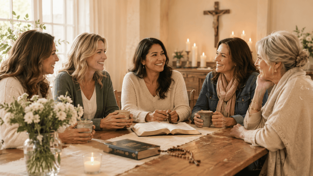 Five women of different ages gathered around a table in Catholic fellowship, with an open Bible, rosary, candles, and a crucifix nearby.